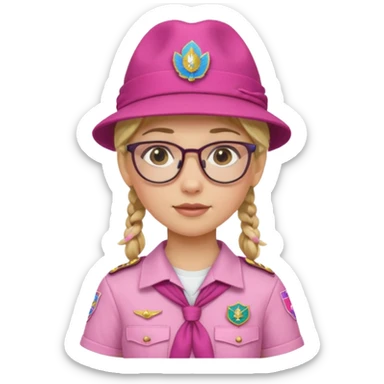scout girl with pink scout uniform including hat, blonde braided haired and glassess sticker