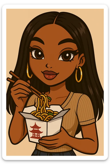 Change the pose to a headshot only of a 20-year-old anime Bratz style woman with dark skin, straight hair, trendy outfit, big expressive eyes, glossy lips, no hat, no tears, happy expression, looking straight ahead, eating out of a to-go Chinese food container with chopsticks. sticker