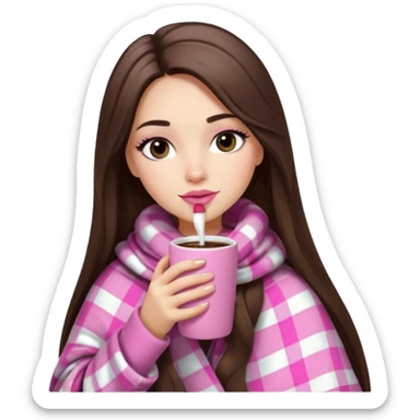 Pink lip, eyelashes, Black eyed brunette girl with long hair and light skin shoulders wrapped up in a pink plaid blanket drinking hot chocolate sticker