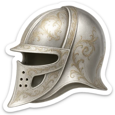 Recolor this helmet to a very light metallic silver color with ornate gold engravings. Emphasize a bright, reflective silver finish and detailed gold engravings. Transparent background. sticker