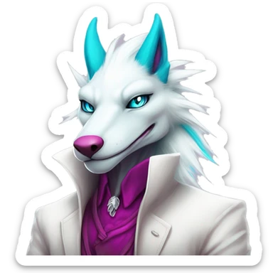 White elegant beautiful natural cute badass epic anthro modern albino sergal-vernid-Fakémon with cyan mane and magenta eyes with cyan edgy stripes, anthropomorphic, two-legged, digitigrade, full body sticker