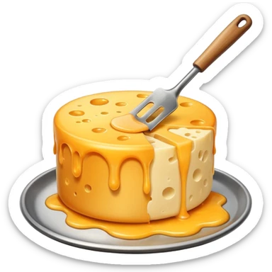 a half vertical  wheel of cheese being scraped with a metal spatula, melted cheese flowing, warm golden colors, modern emoji style, clean outlines, transparent background sticker