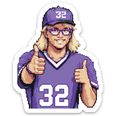 Man with black and white cap, purple sports jersey with number 32, clear glasses, light blond mullet hairstyle, thumbs up gesture sticker