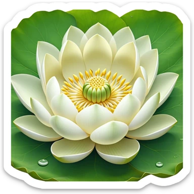 Pure white lotus flower with botanically accurate yellow seedpod center with distinct holes pattern, surrounded by pristine white petals and floating on a green notched lotus leaf sticker