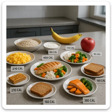 Hyperrealistic 4K table with separate plates representing a 2000 calorie diet for a muscular man: scrambled eggs, oatmeal flakes, banana, Greek yogurt with almonds, chicken breast with rice and vegetables, apple, whole wheat bread, protein bar, salmon with sweet potatoes, broccoli, and kiwi. Each plate has a small label with calories. Modern kitchen atmosphere, realistic portions. sticker