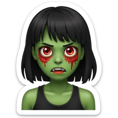 Zombie emoji with long black hair and bangs, with green skin, big red eyes, small nose, and a simple black tank top.  sticker