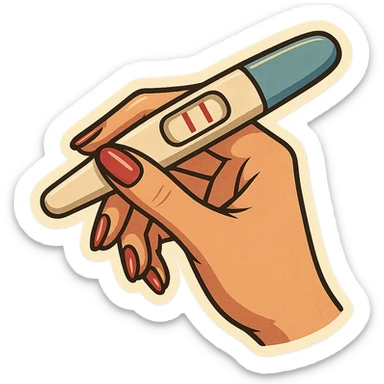 Positive pregnancy test with two lines, held in a neat feminine hand with manicure, pen style as in the second previous variant, retro stickers style, test with a blue line and two red lines, soft rounded shapes, expressive contours, vintage color palette, light paper texture, shadows and highlights, transparent background. sticker