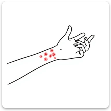 Detailed drawing of arm showing allergy skin prick test on forearm with small red welts, hand with all 5 fingers visible sticker