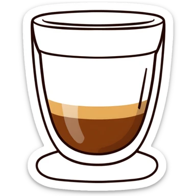 Small Gibraltar glass with cortado espresso, light brown color on top deepening to darker brown at bottom, smooth surface, no froth, clear glass showing gradient sticker