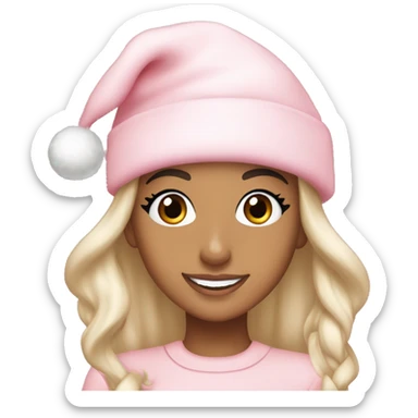 Ariana grande in a light pink christmas outfit wearing a light pink christmas hat sticker