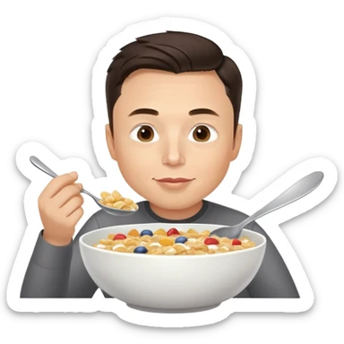 Elon Musk eating a bowl of cereal, man with short dark hair eating cereal from a bowl with a spoon sticker
