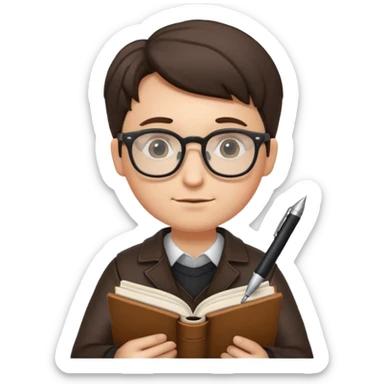 writer holding pen in hand and closed book in other hand, wearing glasses sticker