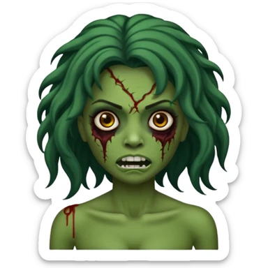 Faça um emoji de zumbi que se pareça comigo. Categorias: cabelo ondulados pretos, pele verde, usa aparelho! Personagem: feminina. sticker