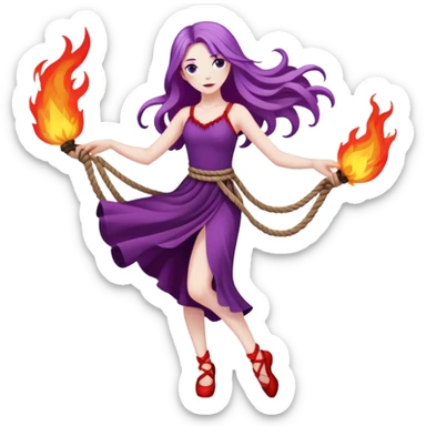 Full body rope on fire dance performer pale skin with long purple hair red dress sticker