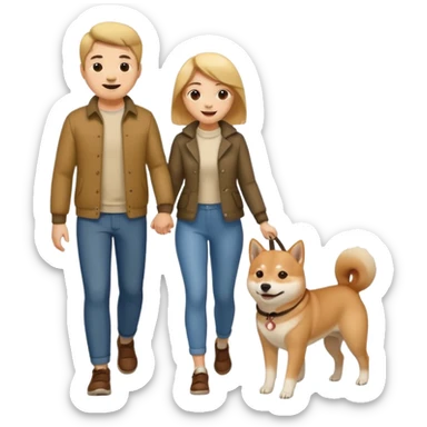 romantic couple holding hands walking a Shiba Inu dog sticker