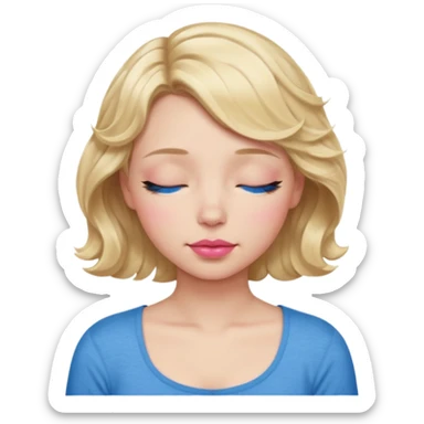 Girl Blonde short wavy hair,  blue eyes, cute blue top, long lashes, pink lips, sleeping eyes closed sticker