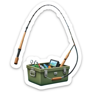 Icon for Fishing Travel: a boat on a calm lake surrounded by mountains and lush greenery, with fish jumping out of the water, a fishing rod, tackle box. The icon should capture the peaceful and adventurous nature of fishing trips. Transparent background. sticker