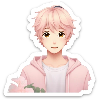 Gorgeous pastel anime style shojo guy with blushing face and flowers aesthetic trending style sticker