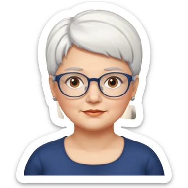 Create me emoji of an old mid-fat lady. Short white hair to left side. Square glasses. Brown eyes. Without any earrings on her ears. Long head sticker