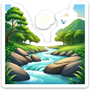 Cinematic Realistic River Emoji, Serene and flowing, with sparkling water meandering through lush greenery, surrounded by trees and rocks. The sun dances across the rippling surface, creating glimmering reflections while birds fly overhead. Soft glowing outline, capturing the essence of peacefulness and tranquility in a meandering river. sticker