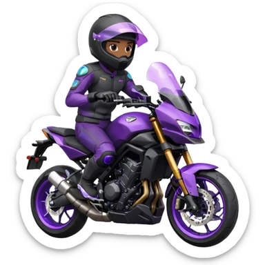 Créer un emoji copiable sur mon système iOS avec une moto mt07 noir mate / violet plus foncé que tu as et iridescent. le style de la mt07 doit être en sport. Avec pilote dessus visière violet bulle de la moto violet aussi. Avec fond arrière  violet  sticker