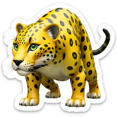 cinematic-jaguar-realistic-full-body-on all fours-emoji,-sleek-powerful-frame-poised-for-action,-yellow-fur-adorned-with-bold-black-rosettes,-head-tilted-dramatically,-piercing-green-eyes-locked-onto-its-prey,-simplified-yet-realistic-focused-features,-highly-detailed,-glowing-with-an-almost-sarcastic-glow sticker
