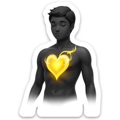 minimalist b&w male silhouette with flowing black-and-white curves across the lower body, now overlaid with a small, softly glowing spark or radiant light near the chest or head — heart symbolizing inspiration, inner fire, and creative energy awakening” yellow glow sticker