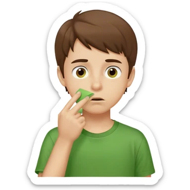 fair skin brown haired boy picking his nose with single figure brown eyes green t shirt sticker