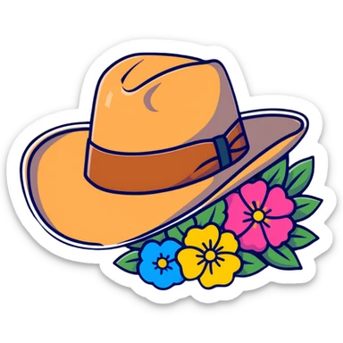 Cowgirl hat with wildflowers, colorful floral arrangement on a tan cowboy hat sticker