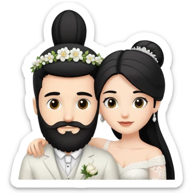 couple of newlyweds hugging, white skin man with black hair and beard; white skin woman with long black hair and black eyes sticker