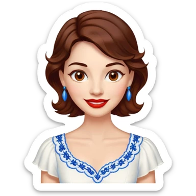Professional woman at 40 with bright complexion, round face, big lively light brown eyes, wide friendly smile, vibrant red lips, voluminous wavy dark brown hair to shoulders, white summery dress with blue embroidery and electric blue neckline sticker
