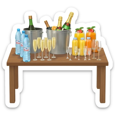 Our table was stacked with large bins filled with bottles of liquor and champagne, little Evian waters and juices, and rows of champagne flutes and glasses. sticker