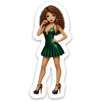 green eyes brown long curly hair woman, mafia boss style with 7 inch platform stripper high heels black glitter dress, Los Angeles Spanish style black outfit sticker