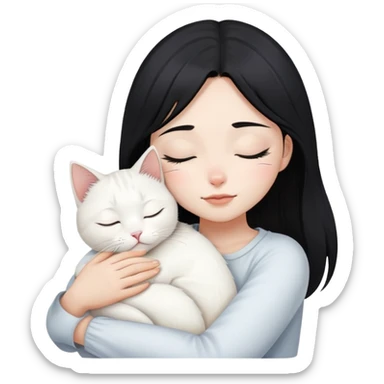 a black hair closing eyes girl hugs one white jinjila cat,the cat’s eyes are open sticker