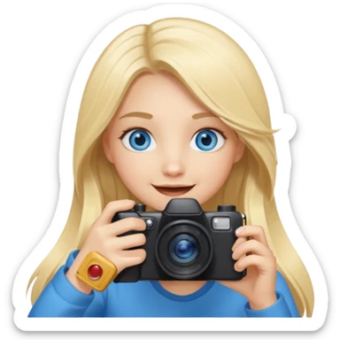  blue eyes blonde girl photographer cartoon taking picture in middle of taking picture camera in front of face long hair smiling funny flash professional, camera in front of face sticker