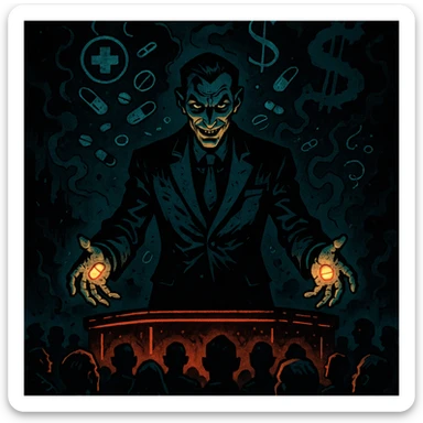 A sinister charismatic man in a tailored suit hypnotizing a crowd with glowing pills in his hands, swirling pharmaceutical symbols in the air, dark smoke forming dollar signs, gothic atmosphere, neon-lit stage, cinematic lighting, hyper-detailed, in the style of Mike Mignola meets cyber-noir. sticker