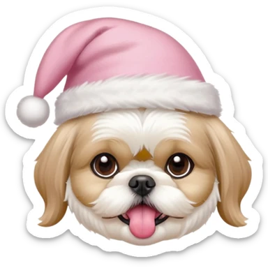 one white all over little shih tzu dog with tongue hanging out sitting with light pink christmas hat sticker
