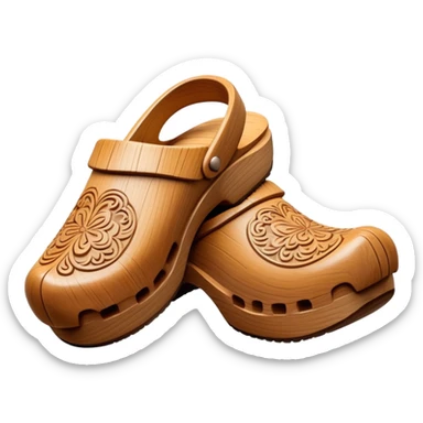 Cinematic Realistic Wooden Clogs Emoji, depicted as a pair of traditionally carved wooden clogs with intricate details and rustic charm. sticker