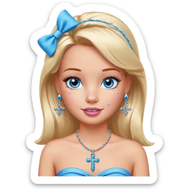 Barbie emoji with earrings and nose piercings and a cross necklace and blue eyes with bow in hair and tube top and long lashes with freckles  sticker