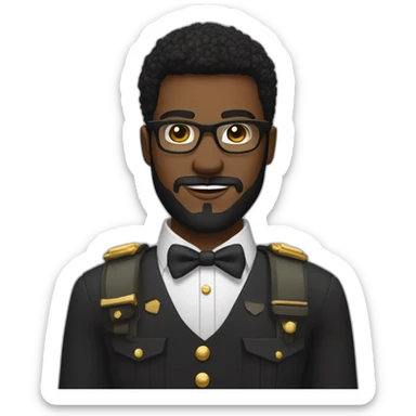 black soldier with beard, part in black hair, white collared shirt, bow tie, gold frame glasses, bulletproof vest  sticker