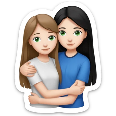 una ragazza dall‘ età di 19 anni con capelli castani chiaro lunghi e lisci ,  occhi blu  ,  e una ragazza di 17 anni capelli neri occhi verdi che si abbracciano e con una maglia bianca o nera  sticker