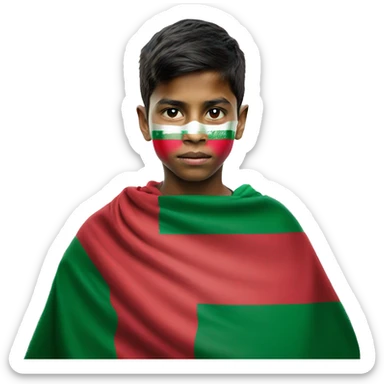Bangladesh flag behind, a 18 year young boy in front , red cloth covering his face sticker