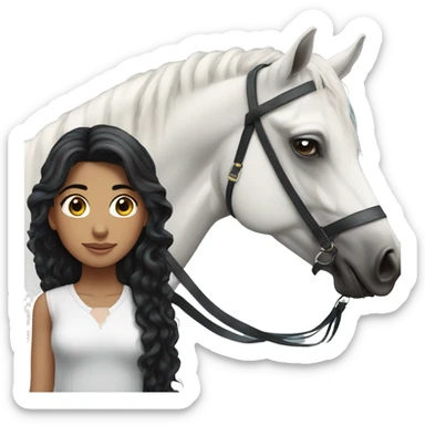  White Brazilian girl, long black curly hair, standing next to a black Arabian horse sticker