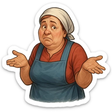 В позе этого мема сгенерируй типичную российскую продавшицу в продуктовом магазине, которая недоуменно разводит руками, слегка рисованный, но при этом объемный стиль, прозрачный фон sticker