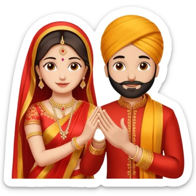 Two hands in a engagement..One hand of groom and one hand of bride. Bride dress - red/yellow saree. groom- light orange punjabi (oonly hands will be visible sticker