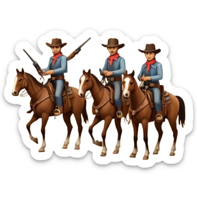 Icon for Western: A vintage movie poster-style design with cowboys on horseback, dusty desert landscape, and a setting sun. Include cowboy hats, revolvers, and an old saloon. The design should have bold typography and a retro cinematic feel. Transparent background. sticker