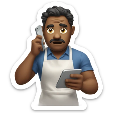 guy who with a frustrated face wearing an apron and scrolling through phone in a concentrated manner sticker