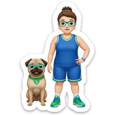 Full Body plus size white female basketball player with short medium brown hair with short  spike hair wearing blue glasses 
With a pug wide nose wearing blue green uniform  green sneakers smiling wearing silver hoop earrings sticker