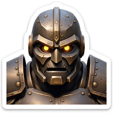 Cinematic Noble Mighty Iron Golem Portrait Emoji Poised and imposing, with a towering, metallic form forged from intricately detailed plates of burnished steel and ancient bronze, etched with faint traces of runes and weathered marks of time. Its piercing, glowing eyes radiate unwavering resolve, casting a solemn and commanding presence; rendered with lifelike texture and natural metallic highlights, high shine, elegant yet indomitable, styled with an aura of legendary endurance, focused and resolute, soft glowing outline, capturing the essence of an eternal guardian, standing vigilant and immovable as if ready to awaken at any moment with unstoppable might! sticker
