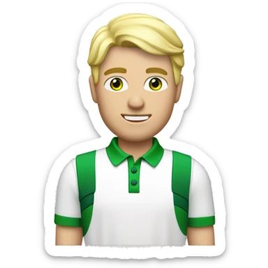 Men with blond hair, green eye, wearing white and green golf outfit. Playing golf sticker